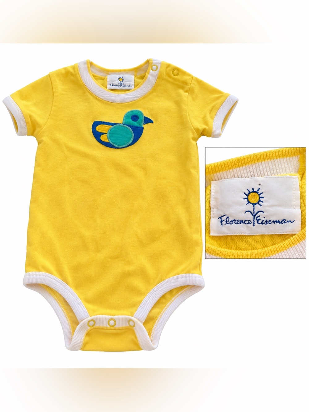 Florence Eiseman Yellow Baby Bodysuit with Blue & Teal Bird Applique